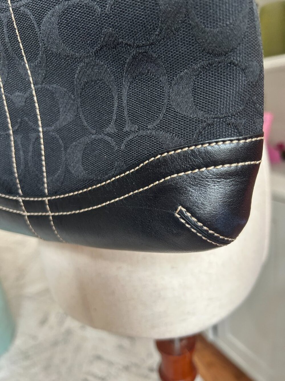 Coach Signature Shoulder Bag | Black Monogram Canvas Leather Buckle Accent - Picture 3 of 13